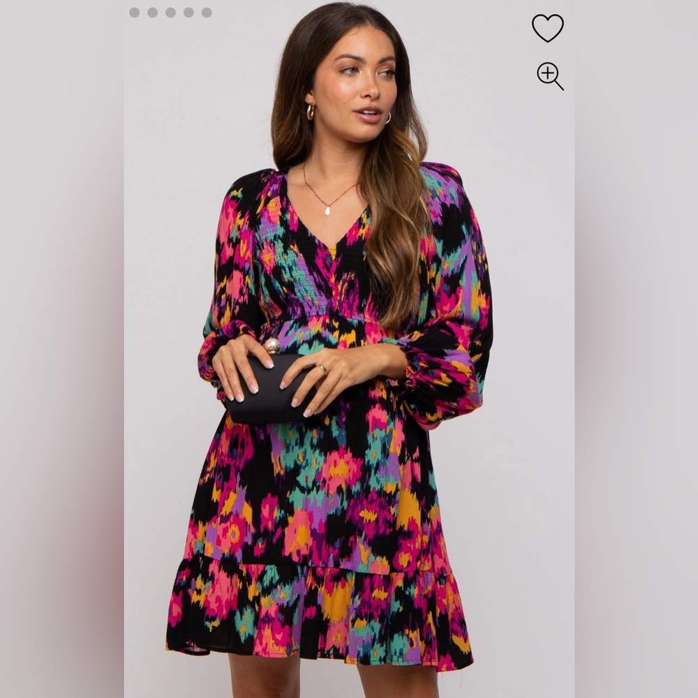 Black Multicolor Print Maternity Long Sleeve Maternity Dress